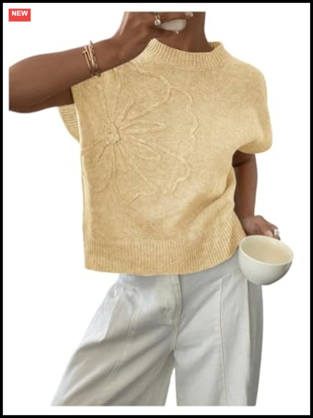 Women's Short Sleeve Pullover Sweater 3D Floral Crochet Knit Loose Fit